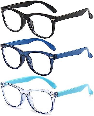 FANNYGO 3 Pack Kid Blue Light Glasses For Kids Girls Boys Computer Blue Light Kids Glasses Clear Glasses Age 3-9 (Black + Dark blue + Light blue)