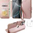 VANAVAGY Compatible for iPhone 16 Pro Max Wallet Case,RFID Flip Leather Cover with Wrist Supports Wireless Charging with Card Holder,[Glass Screen Protector & Camera Cover], Rose Gold