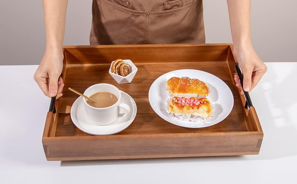 Large Wooden Ottoman Tray Rectangle Trays for Big Ottoman Counter Huge Kitchen Wood Serving Trays with Handles, Decorative Tray for Living Room Premium Acacia Wood Tray