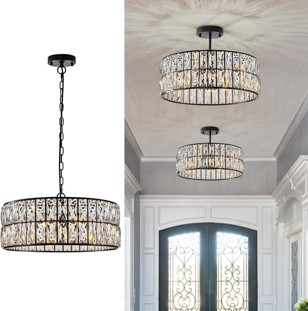 Black Crystal Chandelier 6-Lights Crystal Pendant Light Large 18 Inches Drum Semi Flush Mount Ceiling Lights for Dining Room Living Room Kitchen Closet