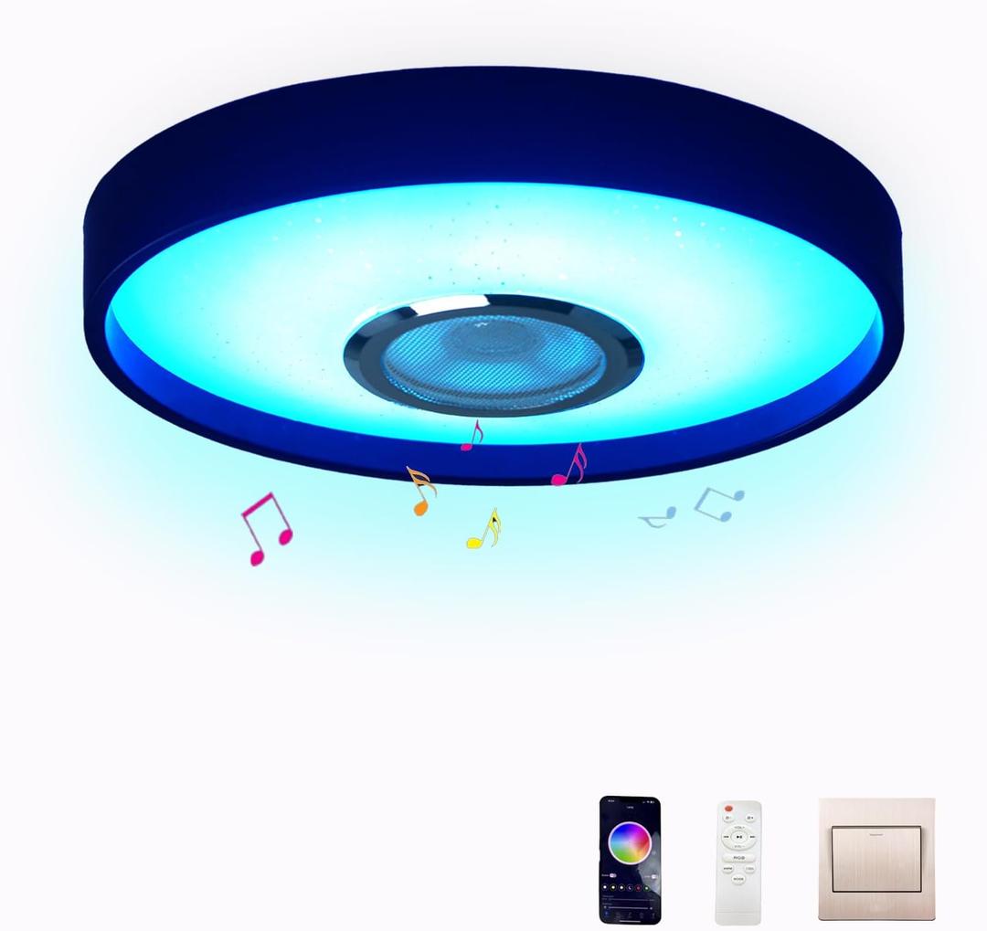 Smart LED Waterproof Shower Ceiling Light Fixture With Bluetooth Speaker,11Inch 18W,3000-6500K,Dinmmable Music Lamp RGB Color Changing With App+2.4G Remote Control For Bathroom,Bedroom,Kids Room (Colorful)
