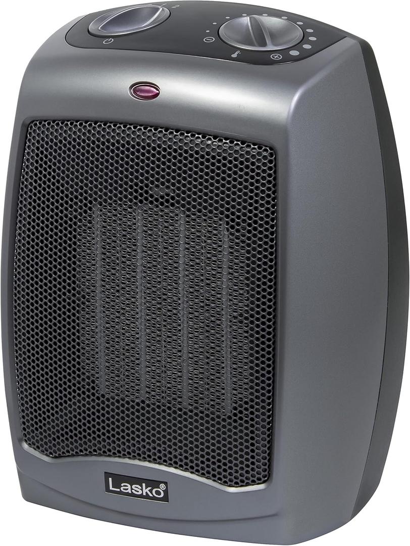 Lasko Portable Indoor Electric Ceramic Space Heater with Tip-Over Safety Switch, Overheat Protection, Thermostat and Extra Long Cord, 2 Speeds, Safe for Home, 9.2 Inches, Dark Gray, 1500W, 754201 (With Tip-Over Switch)