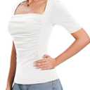 Amoretu Women's 2025 Ruched 1/2 Sleeve T-Shirts Square Neck Fitted Going Out Tops (White, XL)