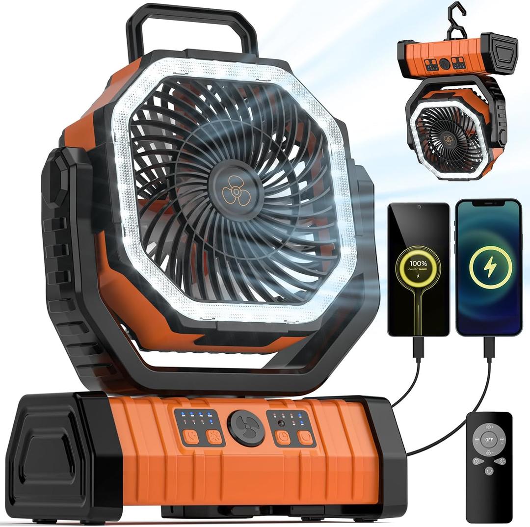 Camping Fan - 20000mAh Battery Powered Fan Rechargeable with LED Lantern - Portable Outdoor Tent Fans with Hanging Hook 4 Speeds Wind Remote Control (8.9*11.4*4.6in, Black and Orange)