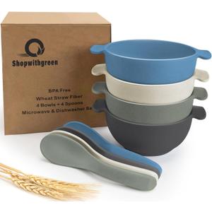 shopwithgreen Unbreakable Kids Bowls -Microwave Dishwasher Safe- Wheat Straw Snack Bowl Sets for Kids and Toddler-4 Bowls and 4 Spoons, Lightweight and Durable, 14 OZ, Coastal Wheat Straw