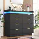 knoworld 8 Drawer Dressers for Bedroom, Black Dresser with LED Lights and Power Outlet, Wood LED Dresser, Double Wide Modern Chest of Drawers for Bedroom, Entryway, Hallway