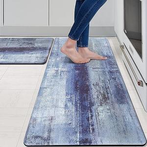 MAYHMYO Anti Fatigue Kitchen Mat - Set of 2 - Blue and Marble Design Comfort Mats - Cushioned, Non Slip Floor Mat