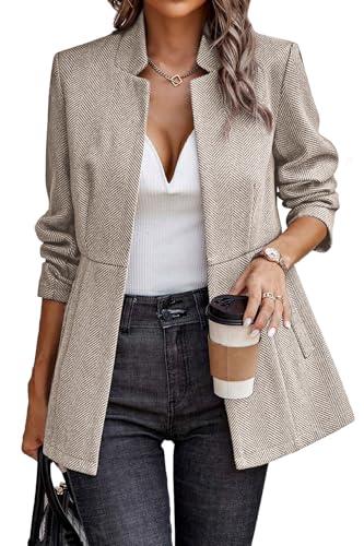 ELLEVEN Blazers for Women Business Casual Open Front Suit Jacket Herringbone Long Sleeve Stand Collar Work Blazer for Office with Full Lining and Padded Shoulders Apricot X-Large