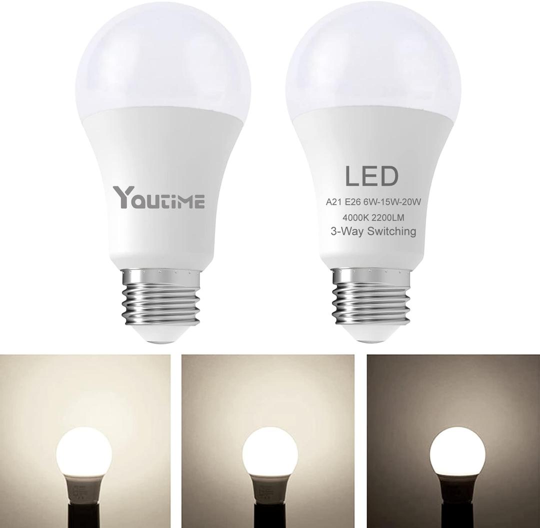 Youtime 3 Way Light Bulbs, 3 Way led Light Bulbs 50 100 150 Watt Equivalent Standard A21,Perfect for Home Lighting Natural White 4000K, 500 1600 2200 Lumens 2Pack