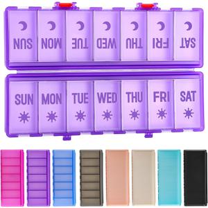 Foldable Pill Organizer 2 Times a Day w/Etched Labels -Dual Protection & Portable Weekly AM PM Pill Box, 7 Day Medicine Container, Large Travel Pill Case for Daily Supplement Vitamin -Clear Purple