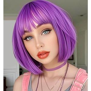 YOUNIGA Purple Bob Wig With Bangs 12 Inch Short Synthetic Fiber Bob Wigs for Women Short Bob Wigs and Halloween Cosplay Wig With One Cap (Purple)