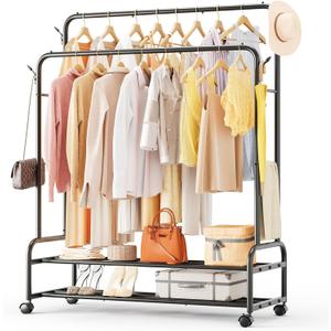 TigerParty Double Rods Clothes Rack for Hanging Clothes, Rolling Clothing Rack with Wheels, Freestanding Garment Racks with 2 Shelves for Bedroom Laundry Living Room, Black