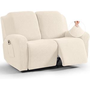 TAOCOCO Recliner Loveseat Slipcover, 6 Pieces Dual Recliner Sofa Covers for 2 Seat Dual Reclining Loveseat Couch, Stretch Soft Jacquard Pattern Furniture Protector with Elasticity (Beige White)