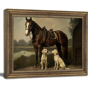 Vintage Gold Framed Wall Art, Vintage Equestrian Wall Art Decor Rustic Horse and Dog Picture Antique Farmhouse Animal Canvas Prints for Living Room, Office, Horse Lovers 12x16 Inch