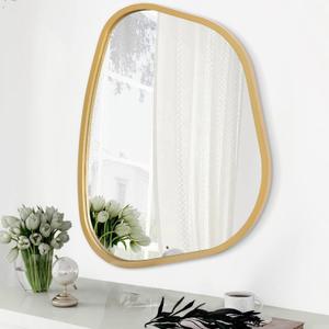 Large Asymmetrical Wall Mirror Irregular Wood Frame Modern Unique Wall-Mounted Artistic Wavy Mirror Decor Bathroom Vanity Bedroom Living Room Entryway Hallway 26"x18" (Gold)
