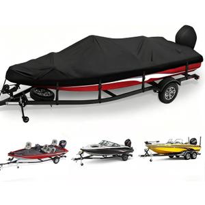 Boat Cover 16-18.5 ft, Heavy Duty 900D Waterproof V-Hull Bass Tracker Boat Cover, Trailerable 16 17 18 ft Boat Cover with Motor Cover, Black