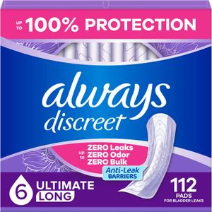 Always Discreet Adult Incontinence Pads for Women, Drier, 6 Drop Long Length, Extra Heavy Absorbency, Pads for Bladder Control Management, Bladder Leaks, & Postpartum Pads, 112ct