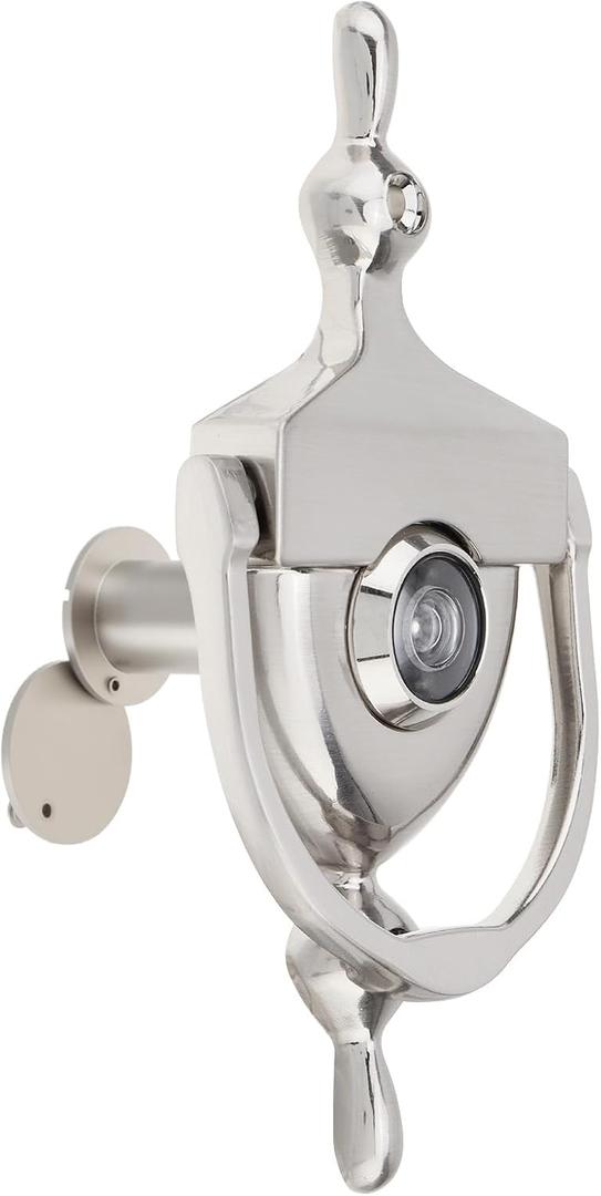 Door Knocker and Viewer, 6 Inch Height Knocker, 180-Degree Solid Brass Peephole with Privacy Cover, 9/16 inch Bore, for 1-3/8" to 2-1/4" Thickness Door (Brushed Nickel)