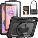 SEYMAC Case for Samsung Galaxy Tab S10 Lite/ S10 FE/ S9 FE/ S9 5G (10.9''/11''), Heavy Duty Shockproof Protective Case with Screen Protector, Rotating Stand, Hand Strap and Pen Holder, Black