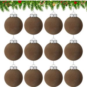 12 PCS Brown Velvet Christmas Balls Ornaments Christmas Tree Decorations 2.4 Inch Flocked Christmas Hanging Balls for Xmas Decorative Hanging Ornaments Party Wedding Family Gathering(Brown)