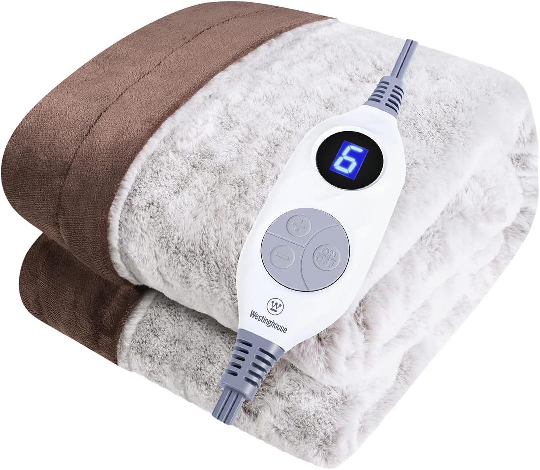 Westinghouse Electric Blanket Heated Throw Blanket, Faux Fur Heating Blanket, 6 Heat Settings & 4 Hours Auto Off, Seal Brown, 50x60inch