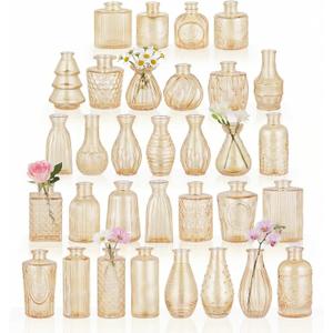 BEAHOT 32 Pack Gold Flower Vase in Bulk,Mini Vintage Glass Bud Vases for Centerpieces,Wedding Decor,Party & Home Decaration,Mother's Day (Gold)