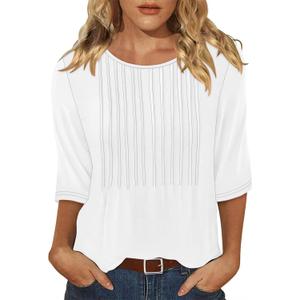 KISSMODA Tunic Tops for Women Loose Fit Dressy Round Neck Pleated 3/4 Length Sleeve Spring Tops (Large, B White)