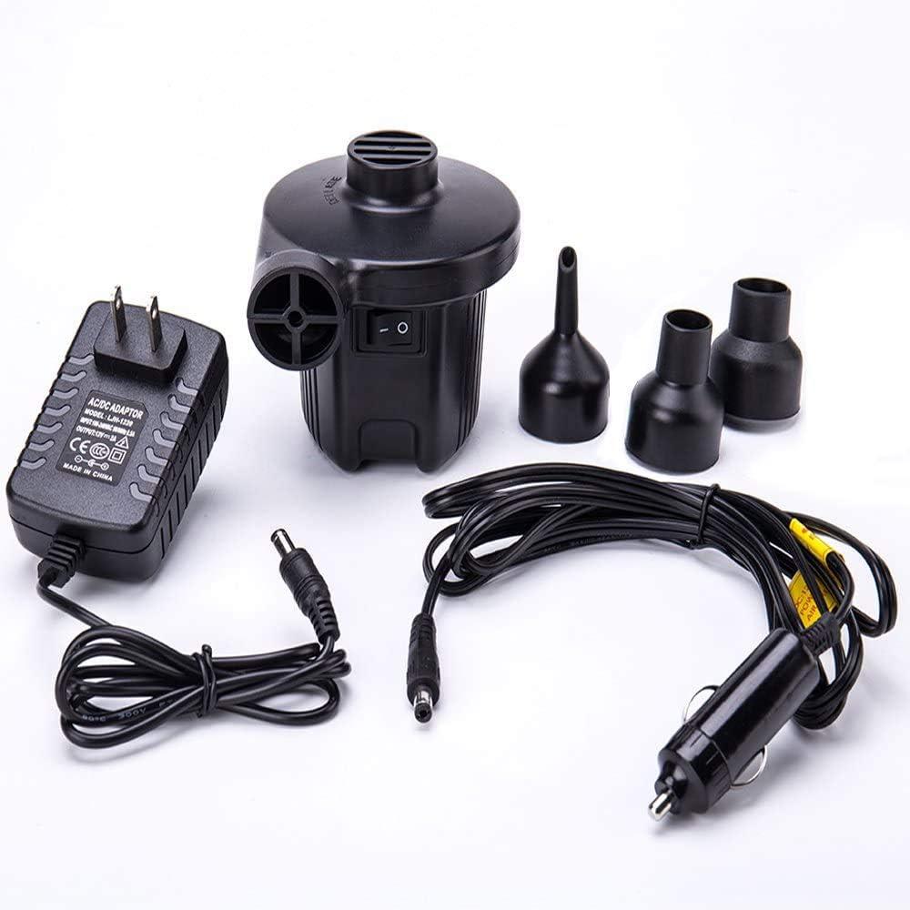FMS Electric Air Pump 12V DC/ 100-240V AC with 4 Nozzles Portable Quick-Full Inflator/Deflator Air Pump for Outdoor Camping, Air Mattress Bed, Cushion, Inflatable Boat and Other Inflatable Products