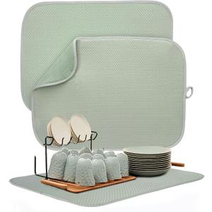 2 Packs Dish Drying Mats for Kitchen Counter, Drying Matt Kitchen Counter, Sage Green Kitchen Dish Drying Mat & Dish Dryer Mat for Drying Dishes, 20 x 15 inches (Green)