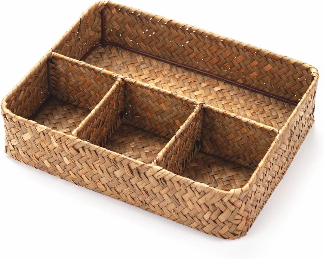 YANGQIHOME Tea Bag/Sugar Packet Holder, Coffee Station Condiment Organizer, Seagrass Storage Basket, Wicker Rattan Divided Basket Organizer for Drawer/Shelf/Countertop