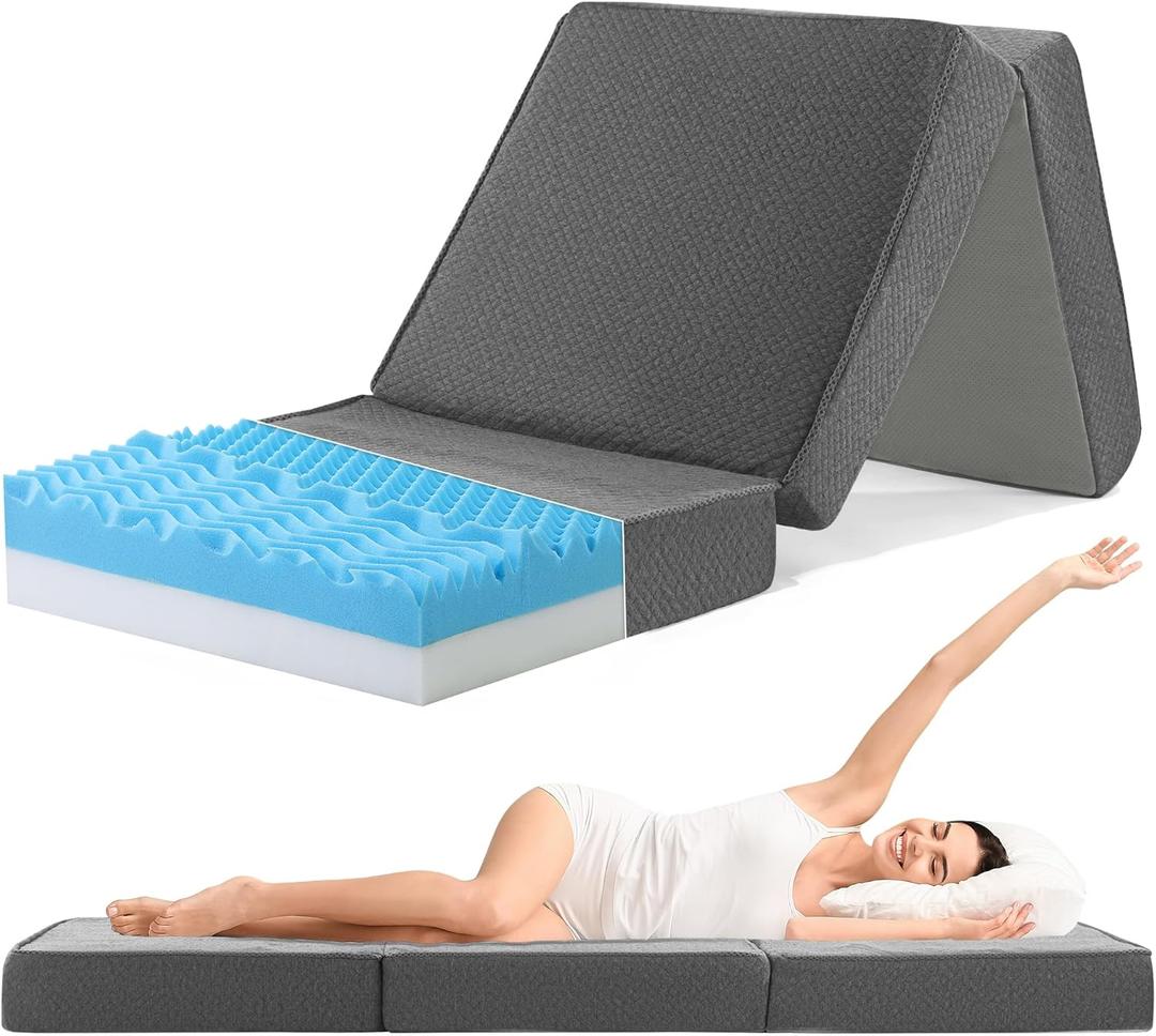 HOMBYS 5-Zone Memory Foam Tri-fold Mattress, 4 Inch Single Size Foldable Mattress with Washable Cover, Portable Floor Mat Bed with Elastic Band for Storage, Cot Pad for RV, Camping, Travel and Guest