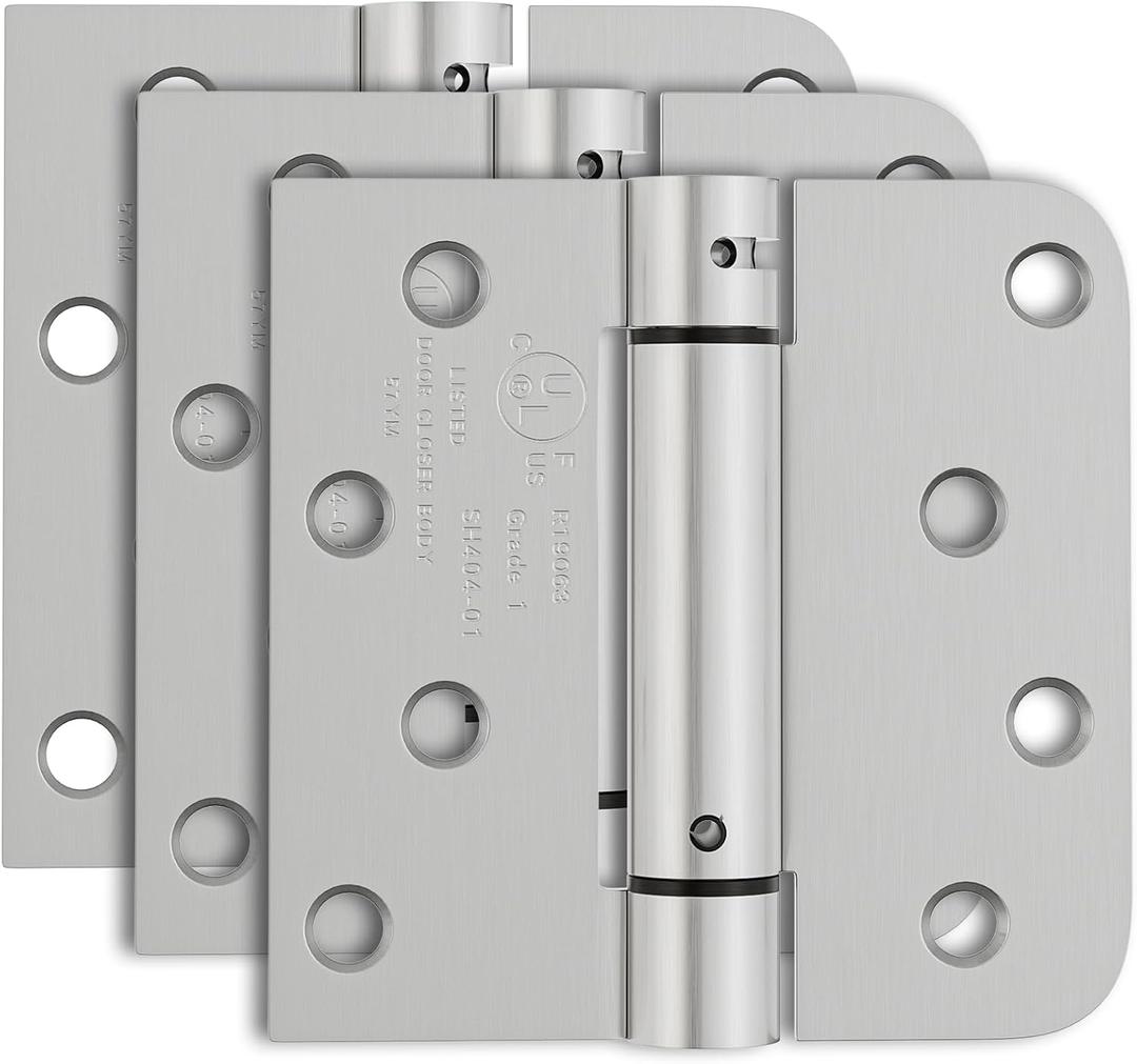3 Pack Self Closing Door Hinges, 4 Inch Spring Loaded Door Hinges with Square & 5/8'' Radius Corners, Adjustable Tension for Garage, Front, Back Door, UL Listed, Left and Right Hand