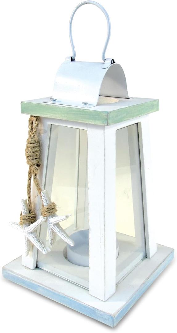 Puzzled Wooden Beach Lantern - White Wood Metal Lanterns with Starfish Rope Accents 6.75 Inch Distressed Hanging and Tabletop Rustic Candle Holder - Unique Home Decor Coastal Lamp - Item 9441-10
