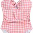 Floerns Girl's Gingham Print Ruched Cut Out Knot Front One Piece Swimsuit, Size: 12Y