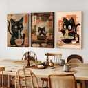 Framed Funny Black Cat Canvas Wall Art Set of 3, Vintage Japanese Cat Eating Ramen Wall Decor, Cute Animal Poster Prints, Edo Period Paintings Pictures for Living Room Kitchen Dining Room 16x24 inch