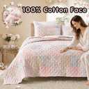 Wonderful - Real Patchwork Quilt Set Queen Size, 3 Piece Cotton Front Floral Pink Bedding, Boho Farmhouse Reversible Bedspread for All Season, 90"x90"