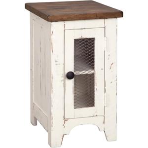 Signature Design by Ashley Wystfield Farmhouse Chair Side End Table with Cabinet Door for Storage, White & Brown with Distressed Finish