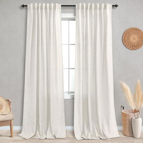 KOUFALL 92 Inch Curtains for Living Room 2 Panels Set, Light Filtering Farmhouse Boho Linen Semi Sheer Curtain Drapes 92 Inches Long for Bedroom,Cream Ivory
