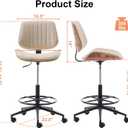 Drafting Chair, Ergonomic Office Chair with Walnut Wood Back Support, Armless PU Leather Desk Chair with Height-Adjustable, Thick Cushion for Home, Bar, Drafting, Office (Beige), 21.5"D x 10"W x 21"H