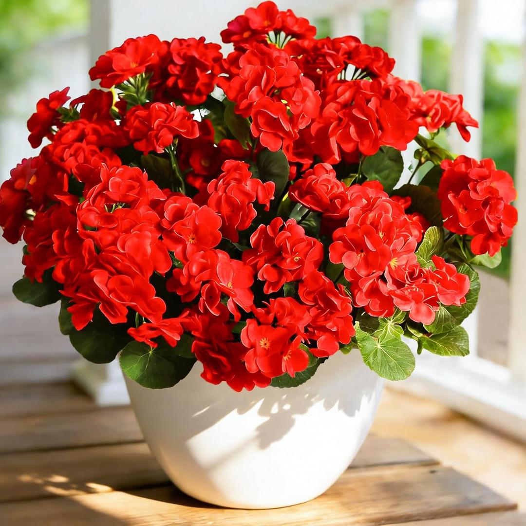 2 x Fake Outdoor Flowers, 6 Pcs Artificial Flowers for Outdoors, Red Artificial Geraniums Plastic Flowers, Fake Plant for Outside, Silk Faux Flowers Outdoor Planters UV Resistant for Front Porch