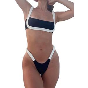 HYTENSUN Women's Bandeau Cheeky Bikini Colorblock Square Neck High Cut Swimsuits Two Pieces Bathing Suits S