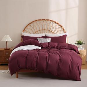 JSD Burgundy Duvet Cover Set Full Size, 3 Piece Duvet Cover with Pillow Shams, Soft Brushed Microfiber Zipper Closure, Comforter Not Included