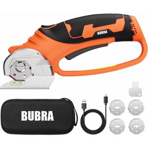 BUBRA Cordless Electric Scissors, 4V Cardboard Cutter with 4 Blades, Rechargeable Box Cutter up to 1/3", with Storage Bag, Safety Lock & LED Light, Electric Scissors for Cardboard, Fabric & Carpet