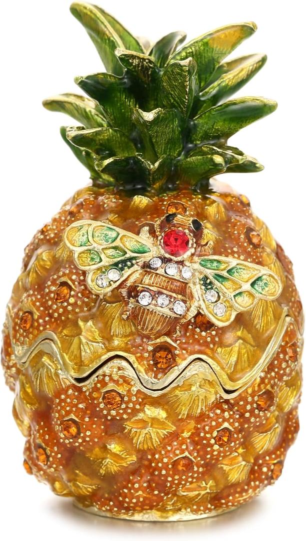 Hand Painted Enamel Pineapple Trinket Box, Hinged Jewelry Organizer Mini Ring Earrings Storage, Unique Home Decor Figurine Keepsake Collectible, Personalized Elegant Handmade Ornament (Pineapple)