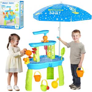 Hugut 2025 Upgraded 3-Tier Sand Water Table with Umbrella  Outdoor Backyard Sensory Activity Table for Kids, Perfect for Boys and Girls Summer Fun