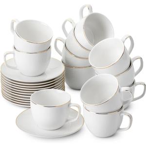 BTaT- Tea Cups and Saucers with Gold Trim, Set of 12, 8oz, White Porcelain Tea Cups