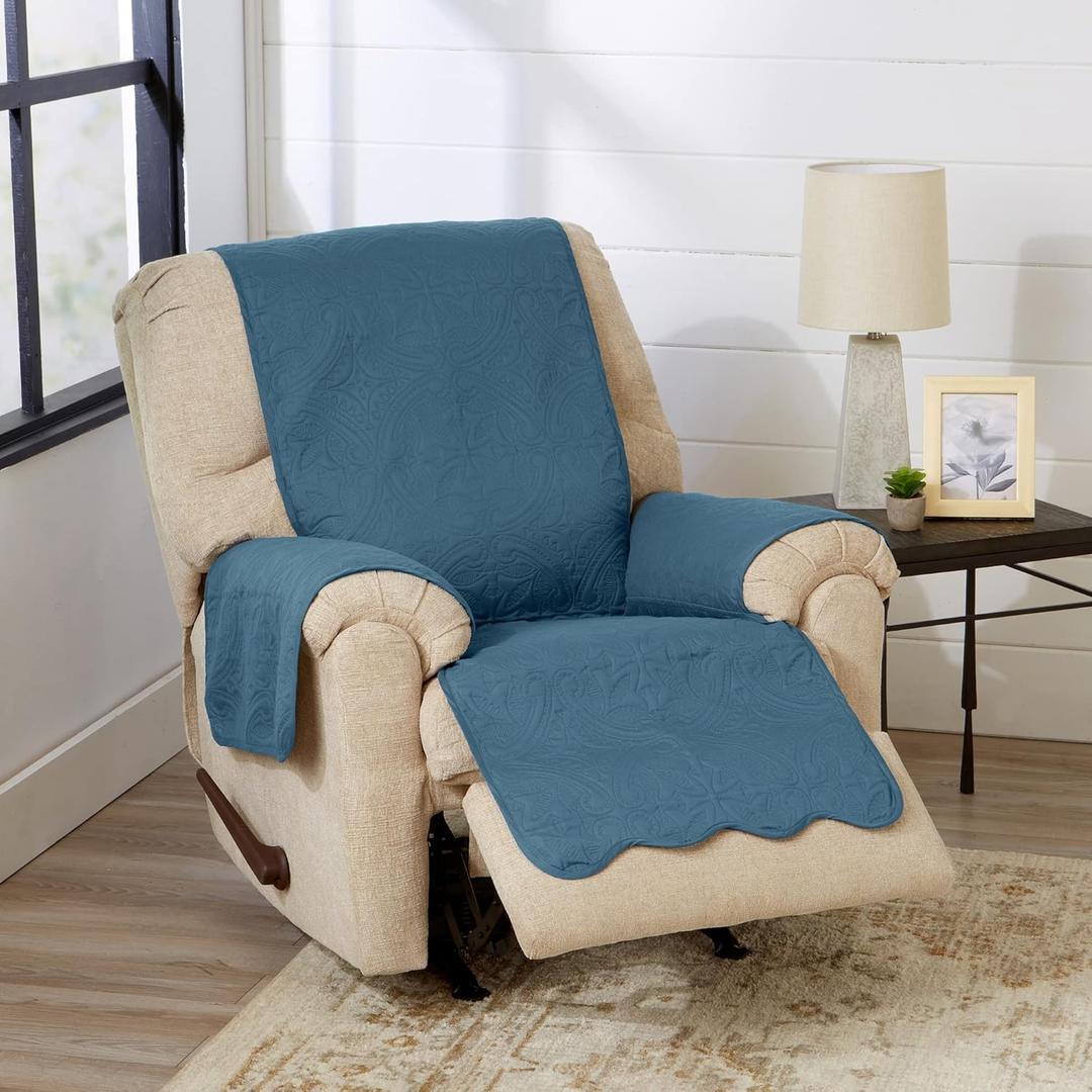Reversible Recliner Chair Cover - Washable Slipcover Furniture Protector with Elastic Straps - Furniture Cover for Dogs, Kids, and Pets - Quilted & Stitched Detail (Recliner, Smoke Blue / Ivory)