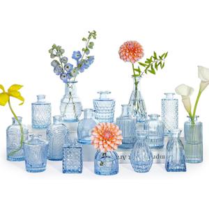 16pcs Glass Bud Vase Set, Small Blue Flower Vases for Centerpieces in Bulk, Mini Vintage Vase for Wedding, Home Decor, Table Decoration
