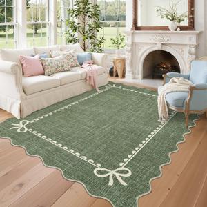 GarveeHome Scalloped Bow Rug for Living Room, Solid Green Rug for Dorm, Washable Rugs 9x12 Soft Low Pile Non Slip Scalloped Rugs for Nursery College Bedroom Decor Kids Room Playroom