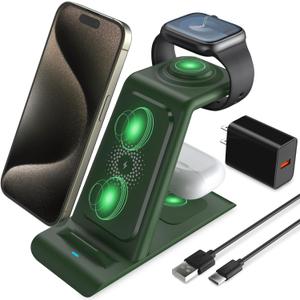HATALKIN 3 in 1 Wireless Charging Station Compatible for Apple Products Multiple Devices Charger for Apple Watch Ultra 11 10 9 8 7 SE Air Pods Pro iPhone 17 16 15 14 13 Pro Max/X/XS Fast Charger Stand (Green)